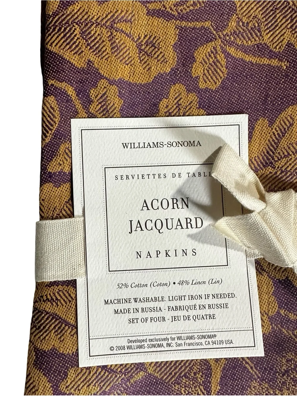 Williams Sonoma Acorn Jacquard Cotton Linen Napkins Set of 4 Purple Gold NOS